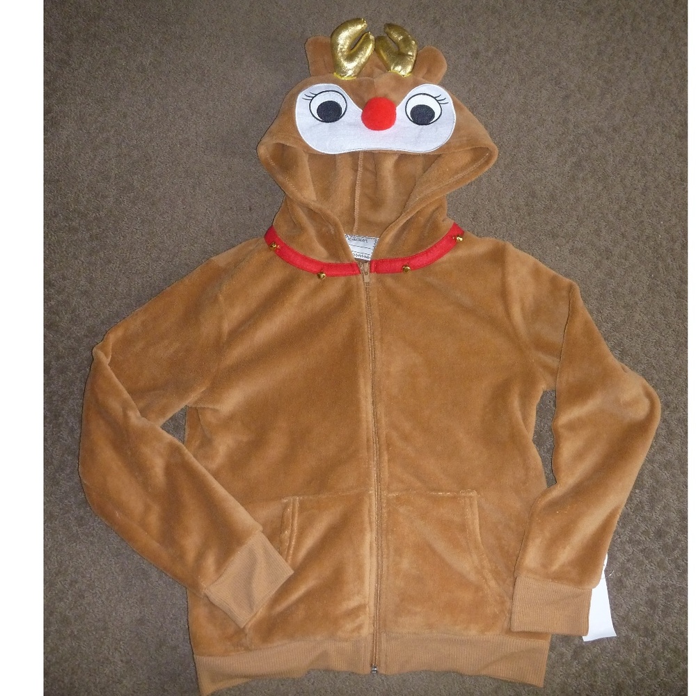 Junior Tis the Season REINDEER Plush HOODIE Christmas Rudolph Size S M XL 1X NWT